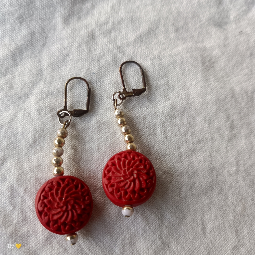 Handcrafted Red Carved Bead Drop Earrings - Women Jewelry